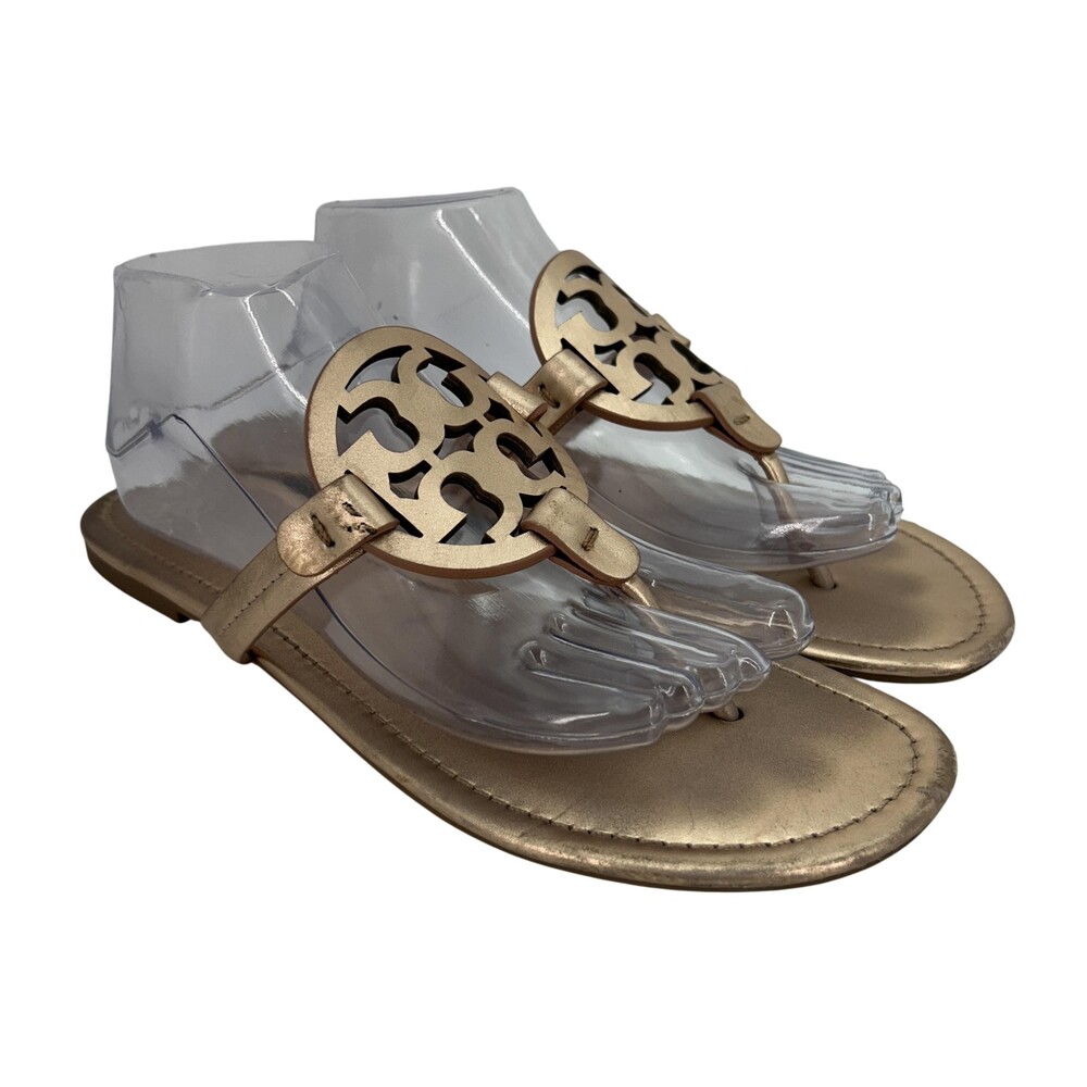 Tory Burch Sandals Shoes Womens Size 11 Metallic Gold Miller Logo Thong Leather